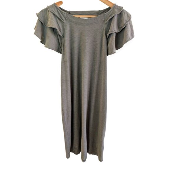 Nation LTD Freddie Dress Flutter Sleeves Pima Cotton Olive Small - Picture 1 of 8